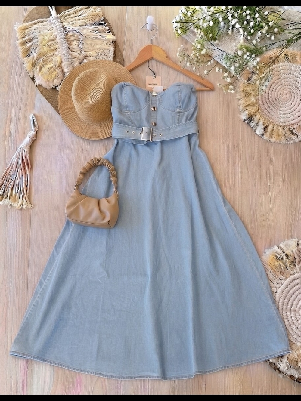 Light Blue Denim Strapless Dress with Belt